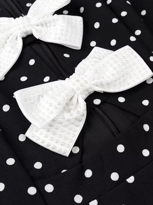 Romantic Black Polka Dot Bow Dress – Woven Midi with Self Design