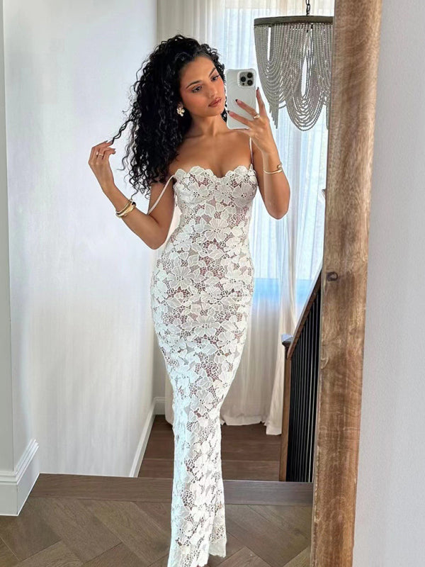 Vestido midi blanco con tirantes y top tubo – ajuste sexy de punto, estilo para las cuatro estaciones