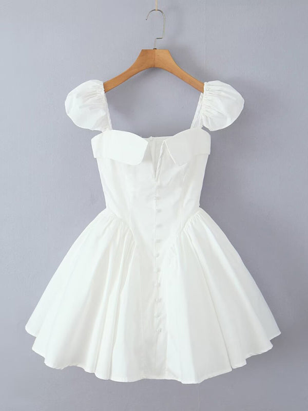 Cotton Square Neck Backless Dress with Flying Sleeves – White