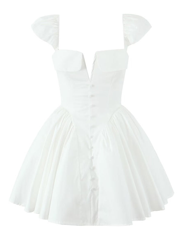 Cotton Square Neck Backless Dress with Flying Sleeves – White