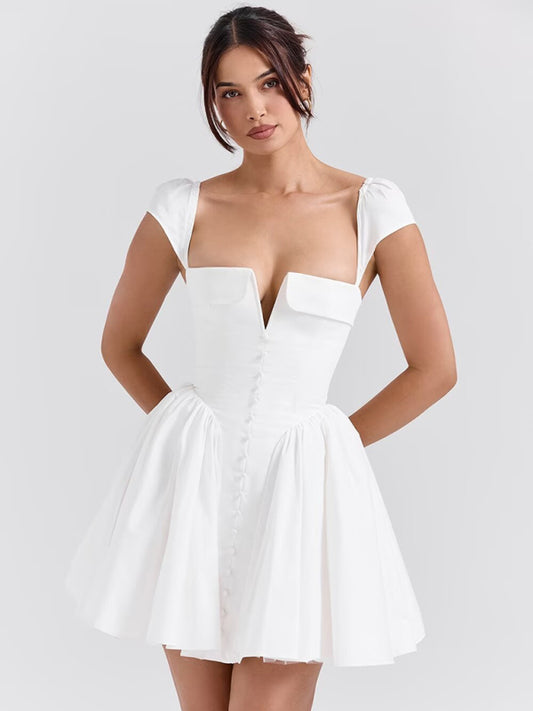 Cotton Square Neck Backless Dress with Flying Sleeves – White