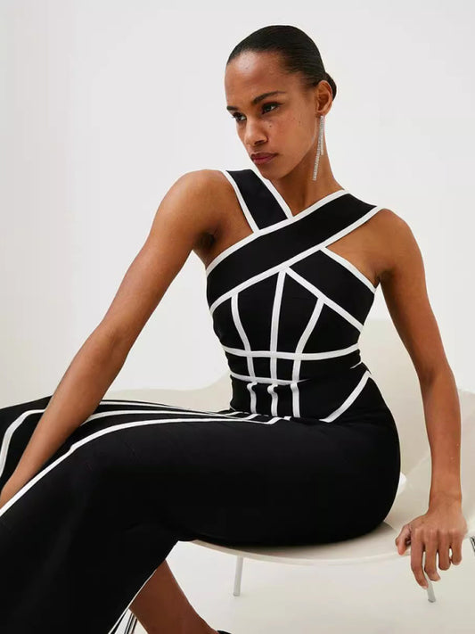 Halter Neck Black & White Geometric Bandage Dress – Retro Slim Fit Knit