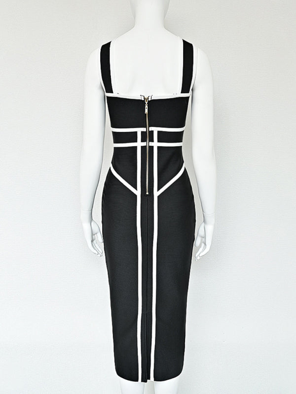Halter Neck Black & White Geometric Bandage Dress – Retro Slim Fit Knit