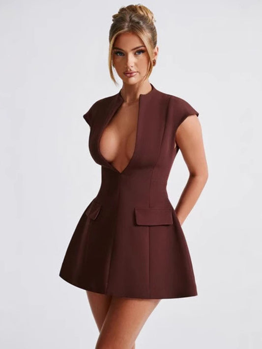 Solid Color Sleeveless V-Neck Mini Dress – High Waist, Sexy & Chic Fit