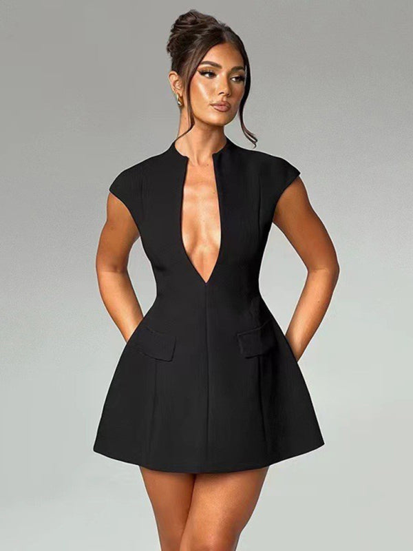 Solid Color Sleeveless V-Neck Mini Dress – High Waist, Sexy & Chic Fit