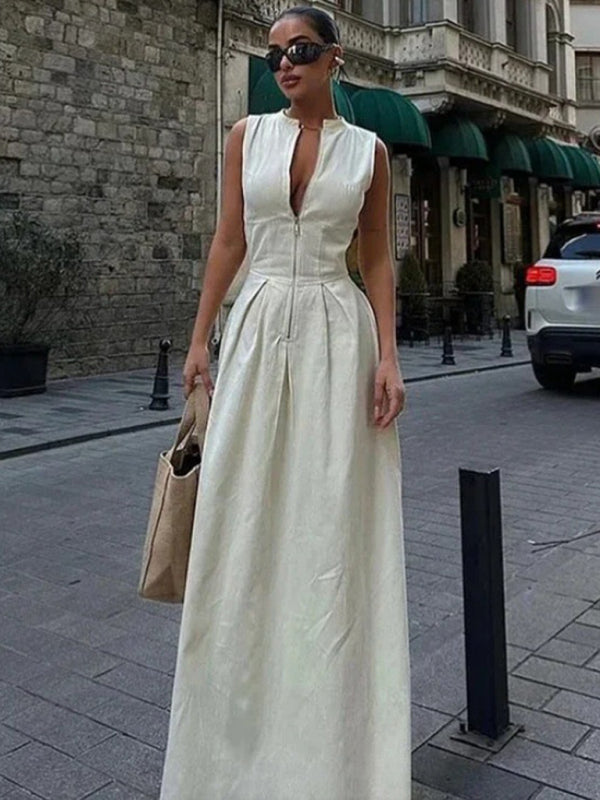 Sleeveless V-neck Zipper Midi Dress - Four-season Fit & Flattering Silhouette