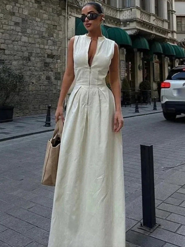 Sleeveless V-neck Zipper Midi Dress - Four-season Fit & Flattering Silhouette