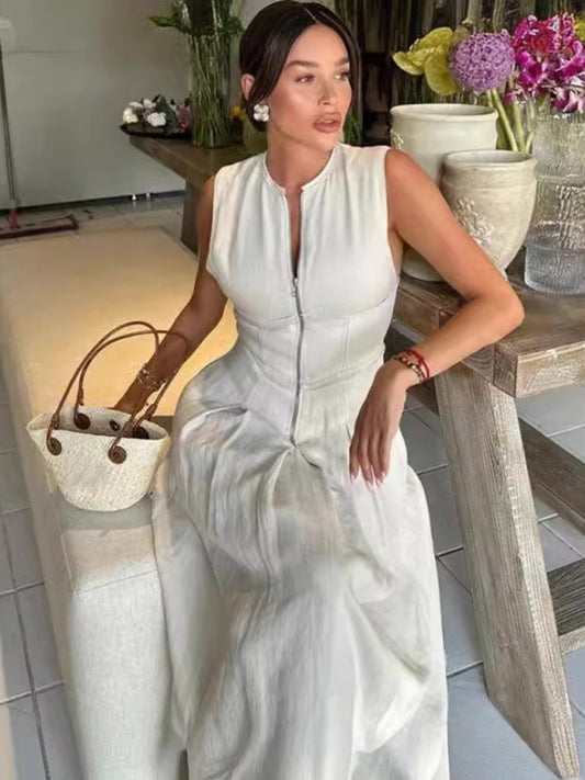 Sleeveless V-neck Zipper Midi Dress - Four-season Fit & Flattering Silhouette