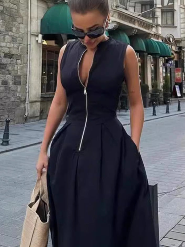 Sleeveless V-neck Zipper Midi Dress - Four-season Fit & Flattering Silhouette