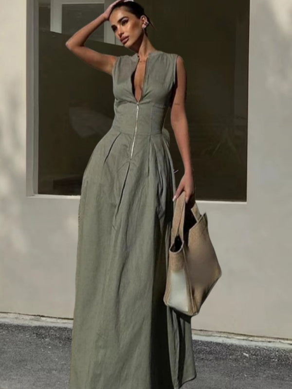 Sleeveless V-neck Zipper Midi Dress - Four-season Fit & Flattering Silhouette