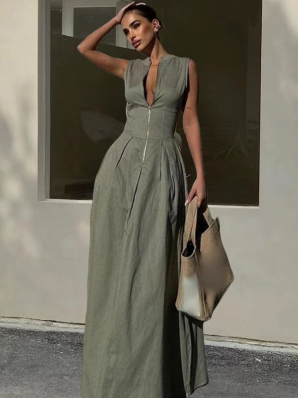 Sleeveless V-neck Zipper Midi Dress - Four-season Fit & Flattering Silhouette