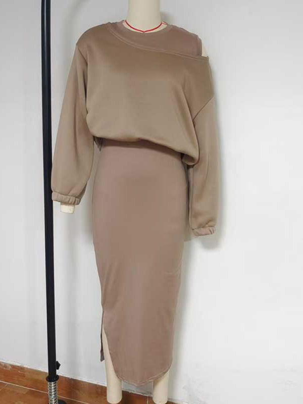 Cozy Knit Bat Sleeve Crop Sweater & Long Skirt Set – Casual Autumn Loungewear