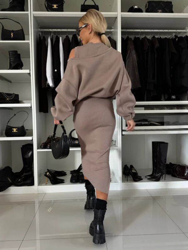 Cozy Knit Bat Sleeve Crop Sweater & Long Skirt Set – Casual Autumn Loungewear