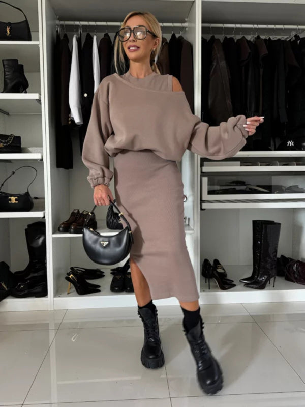 Cozy Knit Bat Sleeve Crop Sweater & Long Skirt Set – Casual Autumn Loungewear