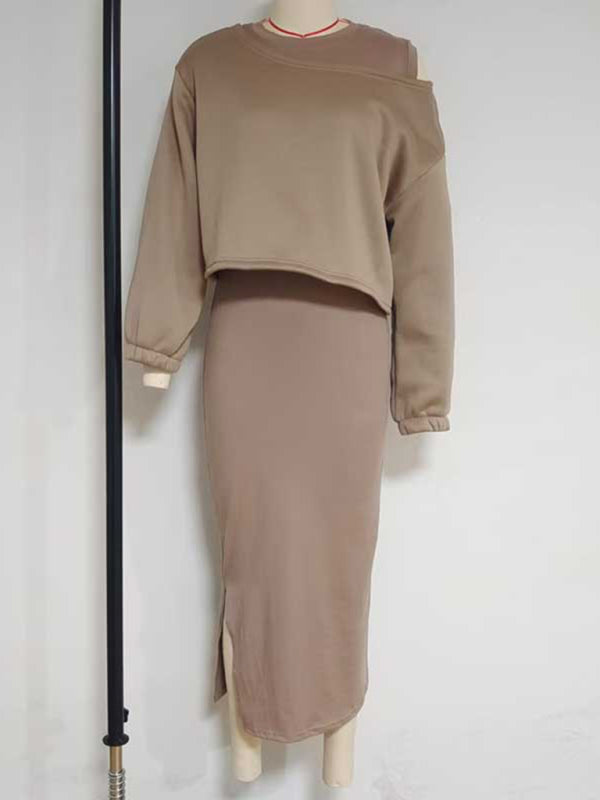 Cozy Knit Bat Sleeve Crop Sweater & Long Skirt Set – Casual Autumn Loungewear