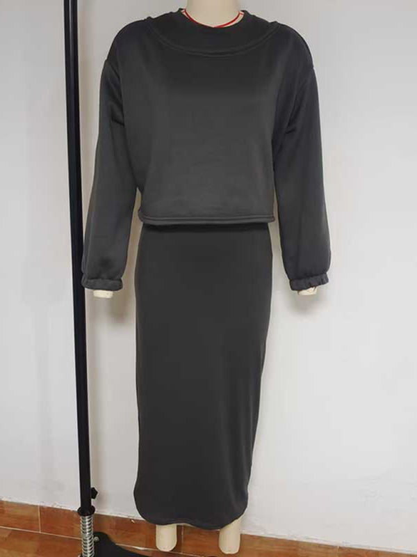 Cozy Knit Bat Sleeve Crop Sweater & Long Skirt Set – Casual Autumn Loungewear