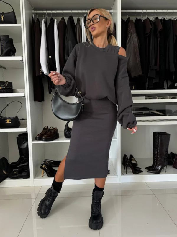 Cozy Knit Bat Sleeve Crop Sweater & Long Skirt Set – Casual Autumn Loungewear