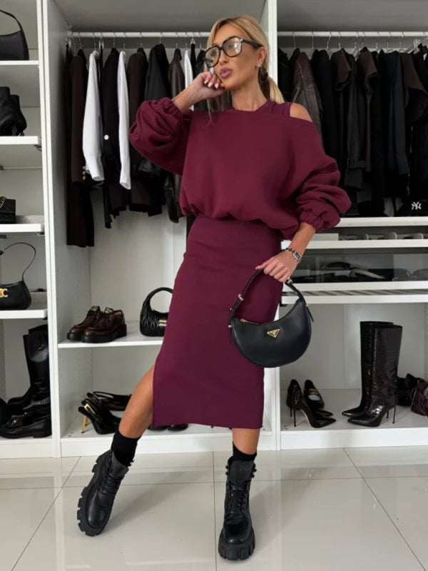 Cozy Knit Bat Sleeve Crop Sweater & Long Skirt Set – Casual Autumn Loungewear