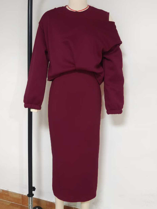 Cozy Knit Bat Sleeve Crop Sweater & Long Skirt Set – Casual Autumn Loungewear