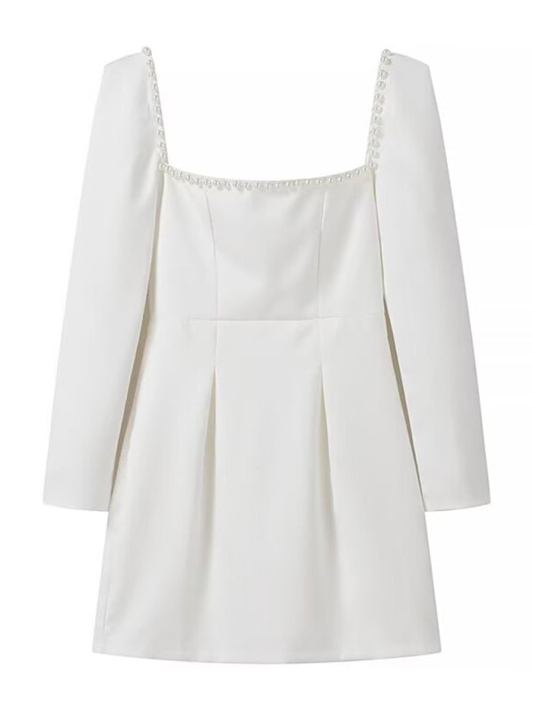 Square Neck Short A-Line Dress – Elegant Fit & Flare Style in White or Black