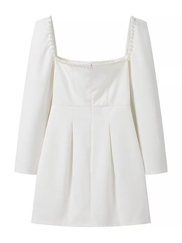 Square Neck Short A-Line Dress – Elegant Fit & Flare Style in White or Black