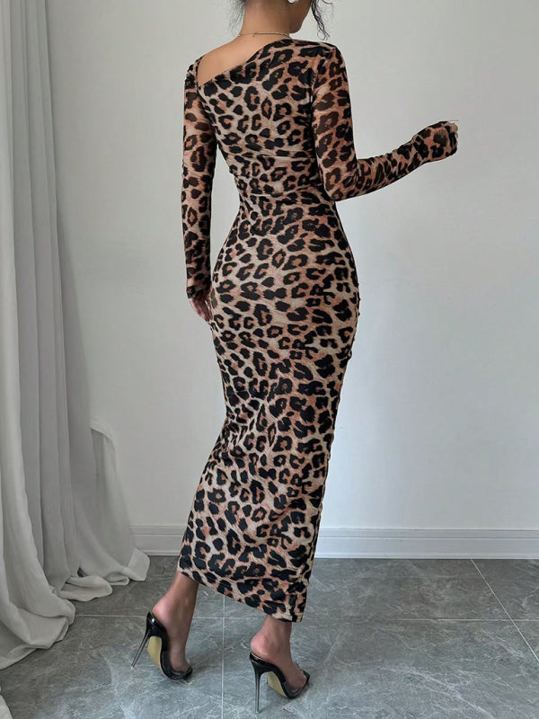 Leopard Print Long Sleeve Bodycon Dress – High-Waisted, Knit, Chic Fit