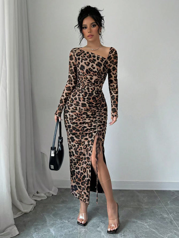 Leopard Print Long Sleeve Bodycon Dress – High-Waisted, Knit, Chic Fit