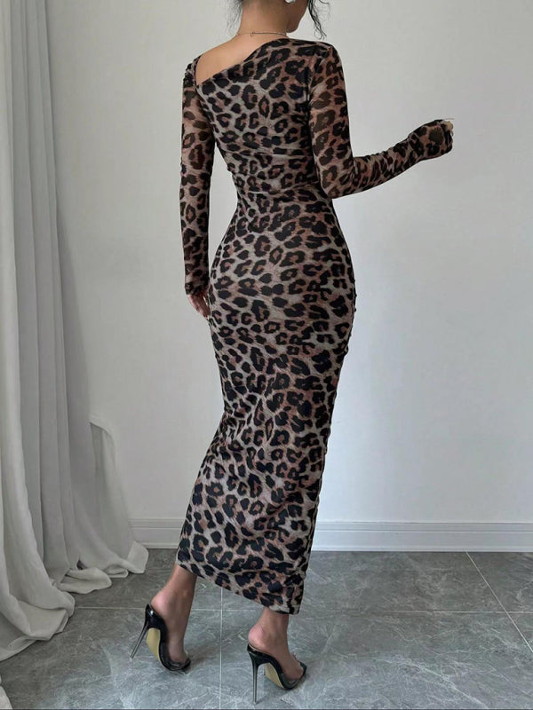 Leopard Print Long Sleeve Bodycon Dress – High-Waisted, Knit, Chic Fit