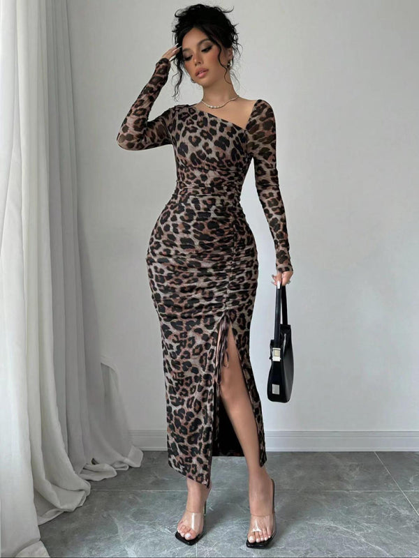Leopard Print Long Sleeve Bodycon Dress – High-Waisted, Knit, Chic Fit