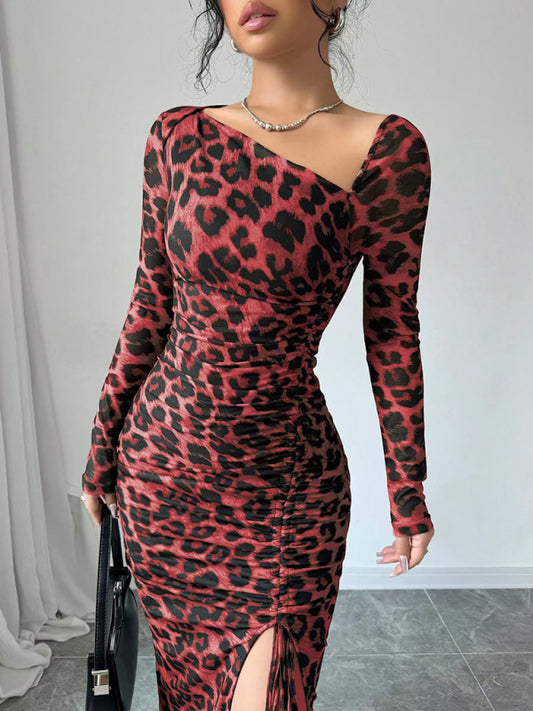 Leopard Print Long Sleeve Bodycon Dress – High-Waisted, Knit, Chic Fit