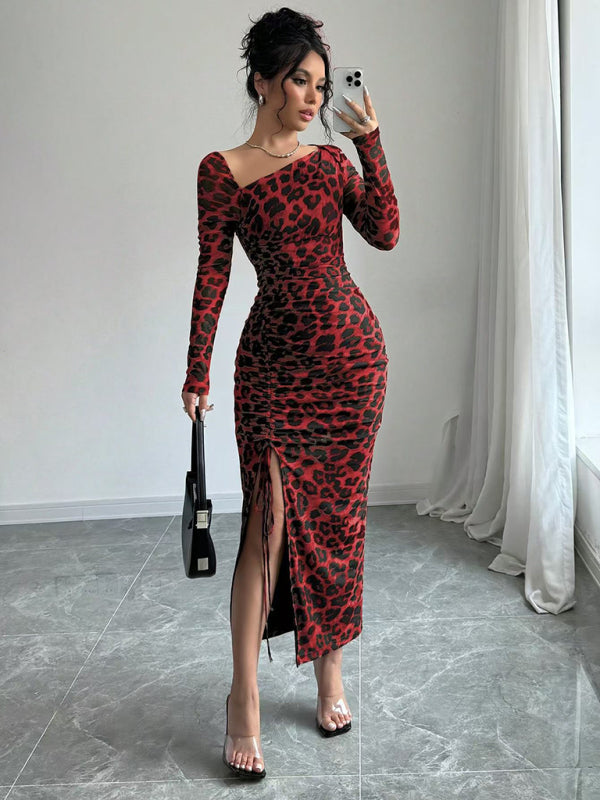 Leopard Print Long Sleeve Bodycon Dress – High-Waisted, Knit, Chic Fit