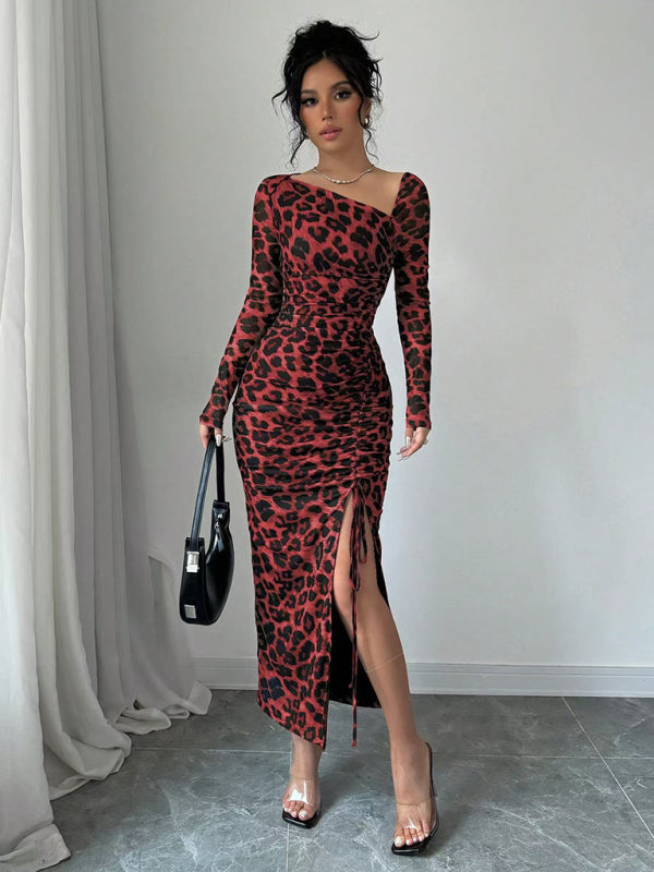 Leopard Print Long Sleeve Bodycon Dress – High-Waisted, Knit, Chic Fit