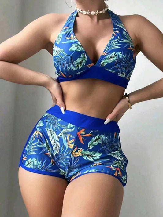 Floral Spliced High-Waisted Bikini – Halter Neck, Back Tie & Split Detail