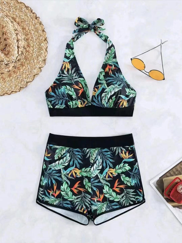 Floral Spliced High-Waisted Bikini – Halter Neck, Back Tie & Split Detail