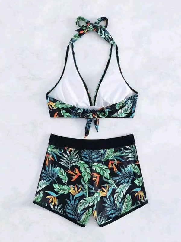 Floral Spliced High-Waisted Bikini – Halter Neck, Back Tie & Split Detail