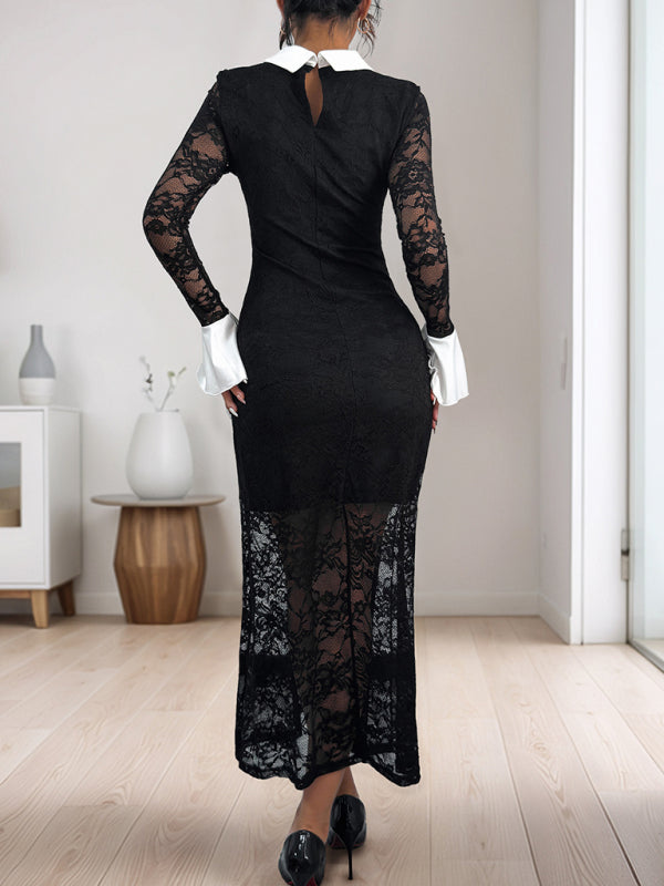 Black & White Lace Stitch Contrast Midi Dress – Slim Fit Knit Elegance