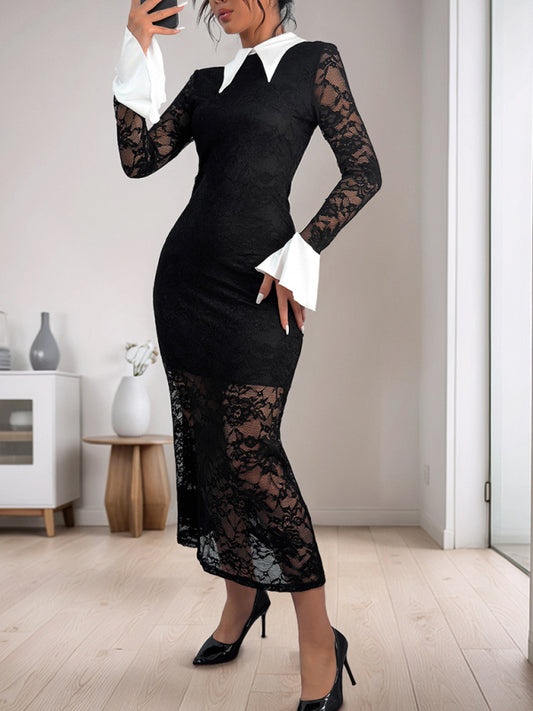 Black & White Lace Stitch Contrast Midi Dress – Slim Fit Knit Elegance