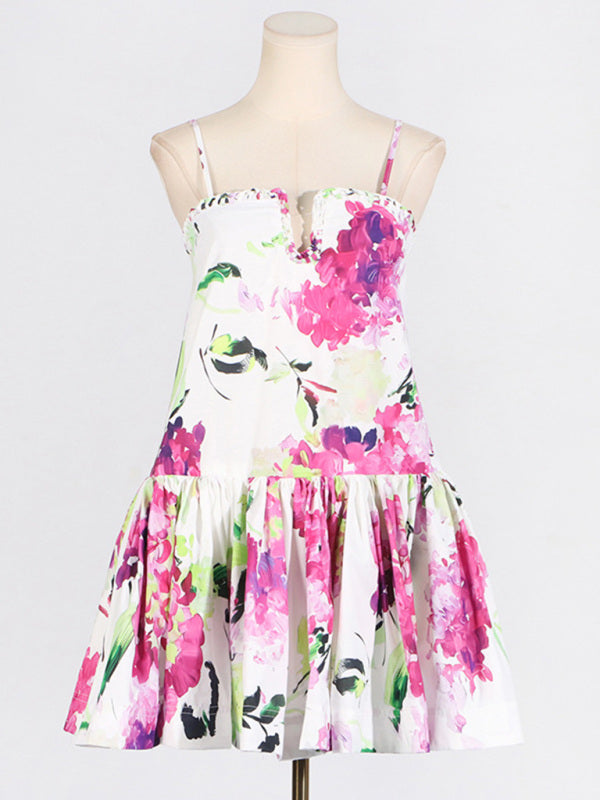 Ruffled Suspender Mini Dress – Feminine Printed Style with Flowy Skirt