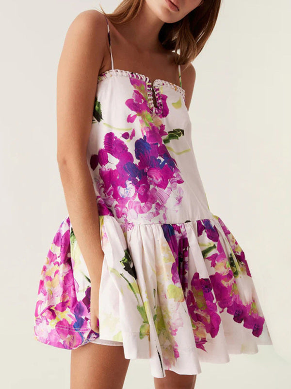 Ruffled Suspender Mini Dress – Feminine Printed Style with Flowy Skirt