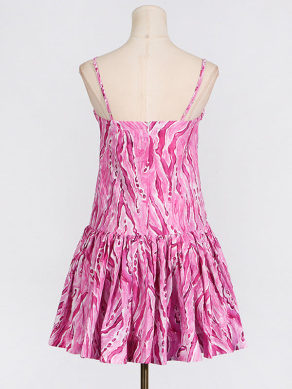 Ruffled Suspender Mini Dress – Feminine Printed Style with Flowy Skirt