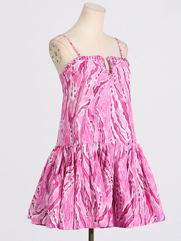 Ruffled Suspender Mini Dress – Feminine Printed Style with Flowy Skirt