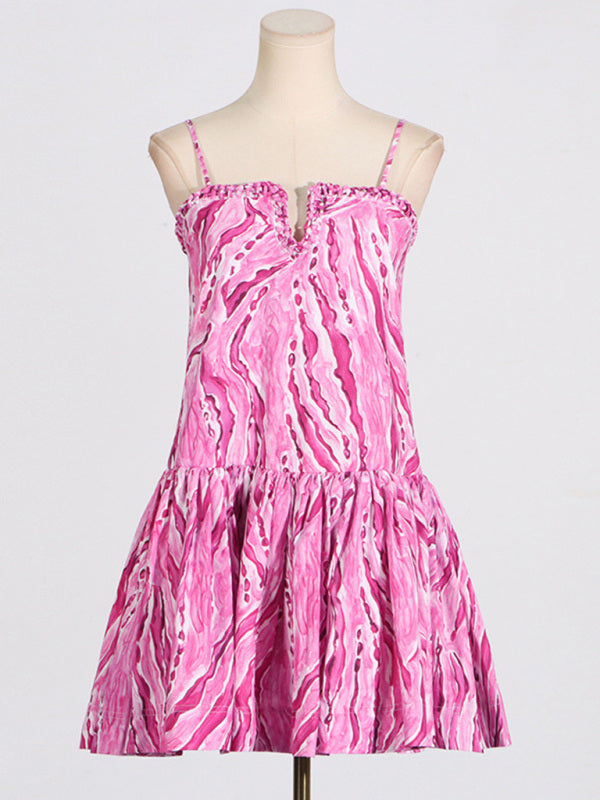 Ruffled Suspender Mini Dress – Feminine Printed Style with Flowy Skirt