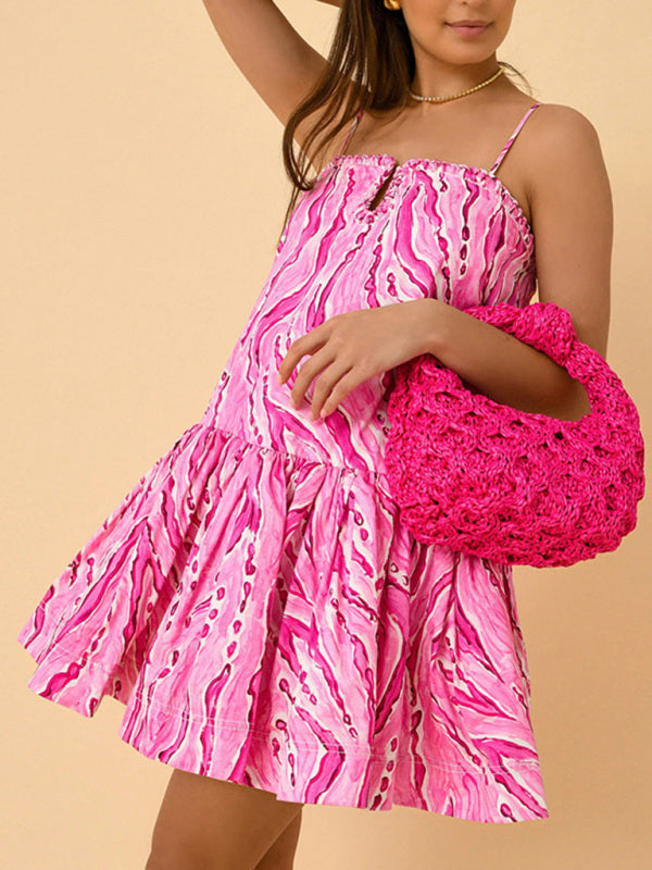 Ruffled Suspender Mini Dress – Feminine Printed Style with Flowy Skirt