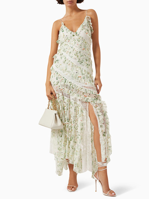 Printed Lace Holiday Suspender Dress – Romantic Woven Maxi for Spring & Summer