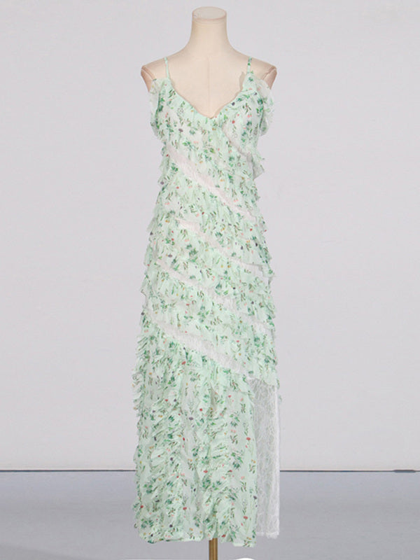 Printed Lace Holiday Suspender Dress – Romantic Woven Maxi for Spring & Summer