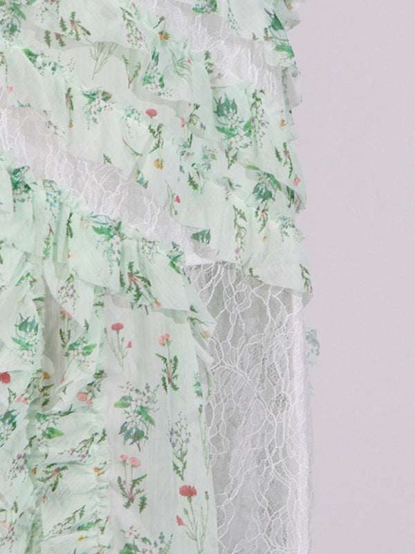 Printed Lace Holiday Suspender Dress – Romantic Woven Maxi for Spring & Summer