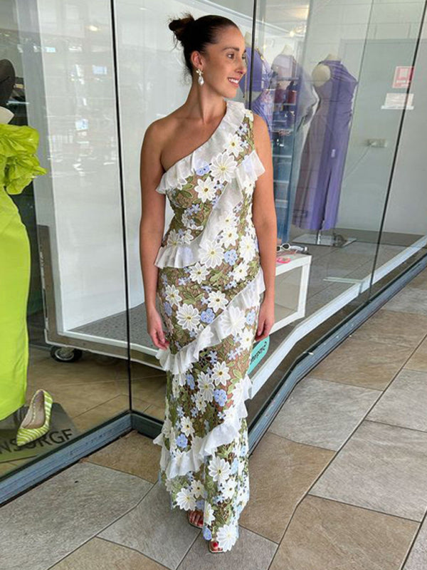 Slanted Shoulder Embroidered Mesh Ruffle Maxi Dress – Summer Romance Style