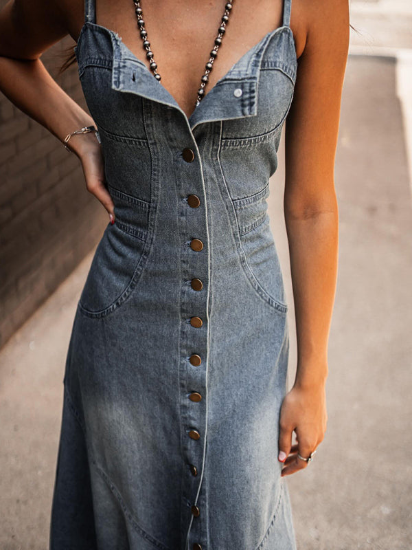 Retro Distressed Denim Swing Dress – Sleeveless Slim Fit with Button Front