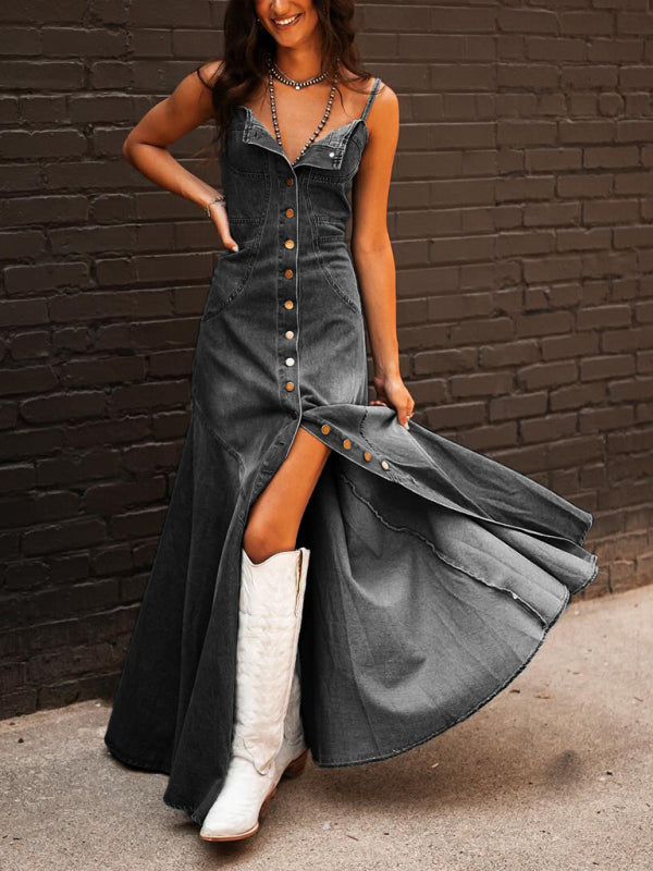 Retro Distressed Denim Swing Dress – Sleeveless Slim Fit with Button Front
