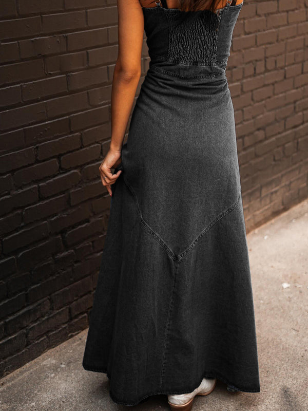 Retro Distressed Denim Swing Dress – Sleeveless Slim Fit with Button Front